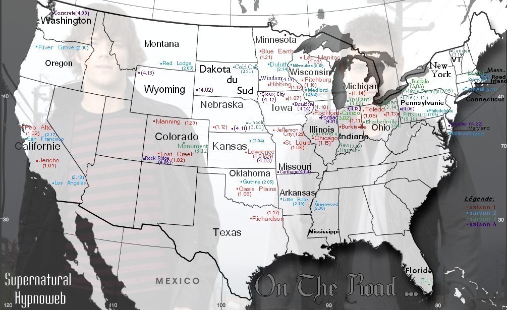 Image de la carte des différentes villes des Etats-Unis vues dans Supernatural